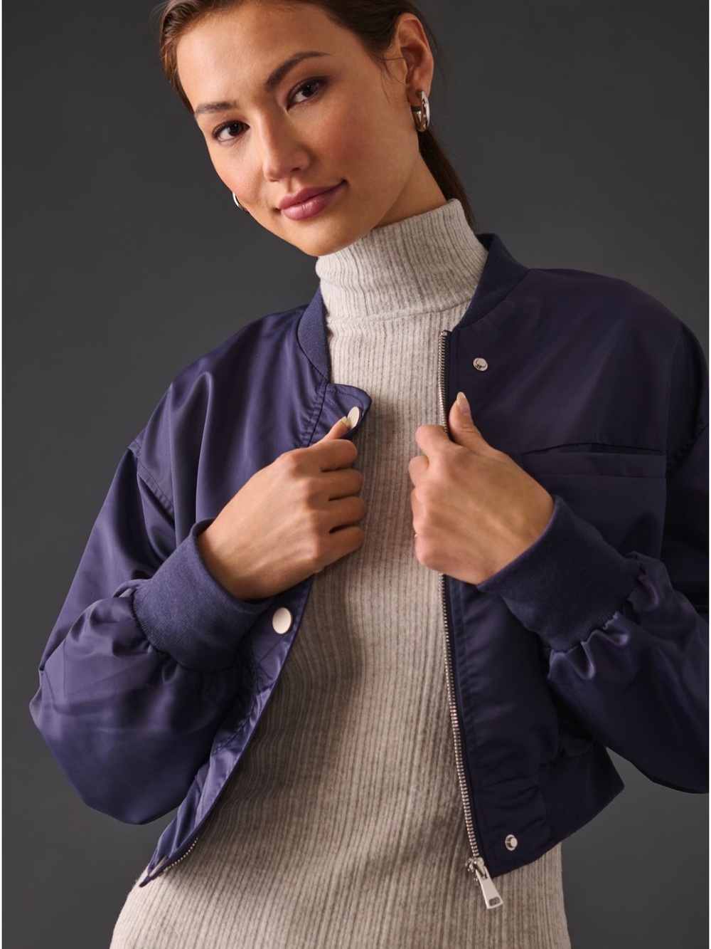 Anthropologie Pilcro Cropped Bomber Jacket Satin Finish Navy Blue zip front XS